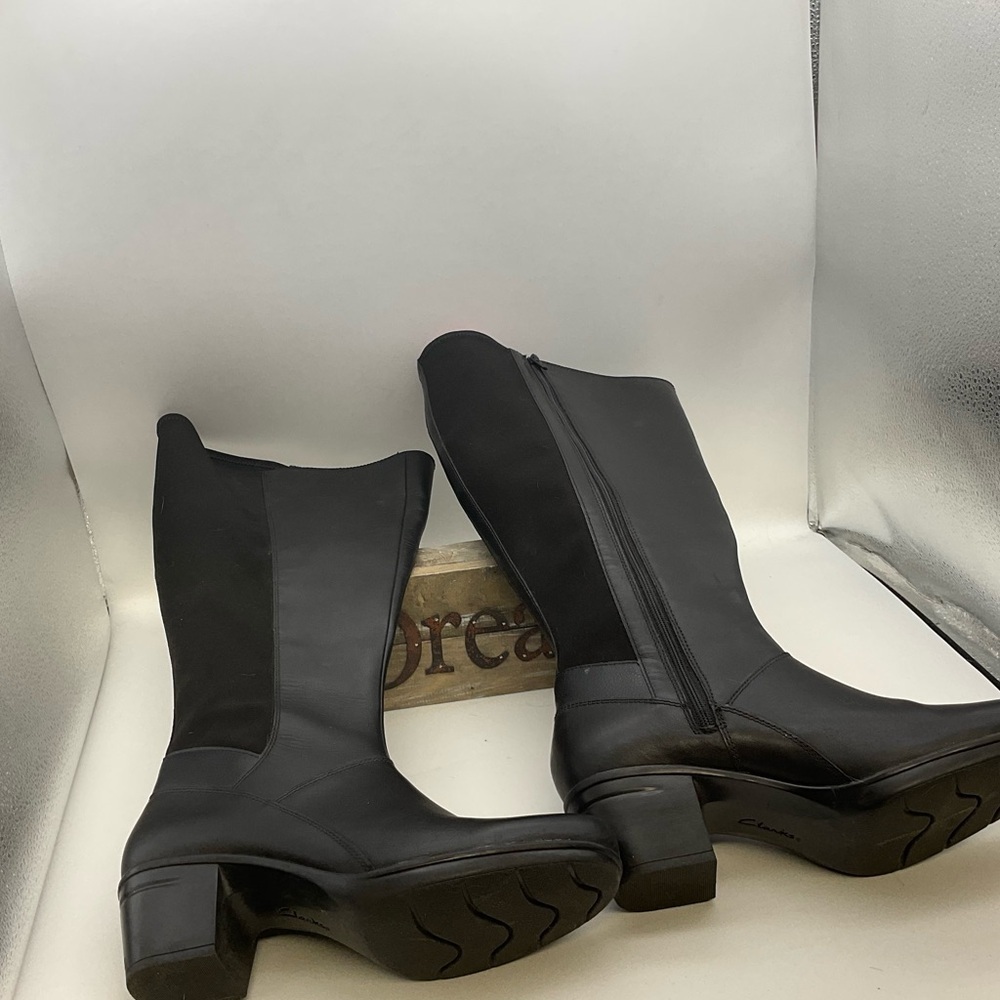 Clarks Black Leather Knee- High Boots with Zipper - Picture 2 of 6